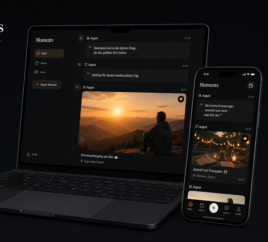 Moments – Erinnerungs-Feed auf Laptop und Smartphone, mit Fotos, Orten und Stimmungen