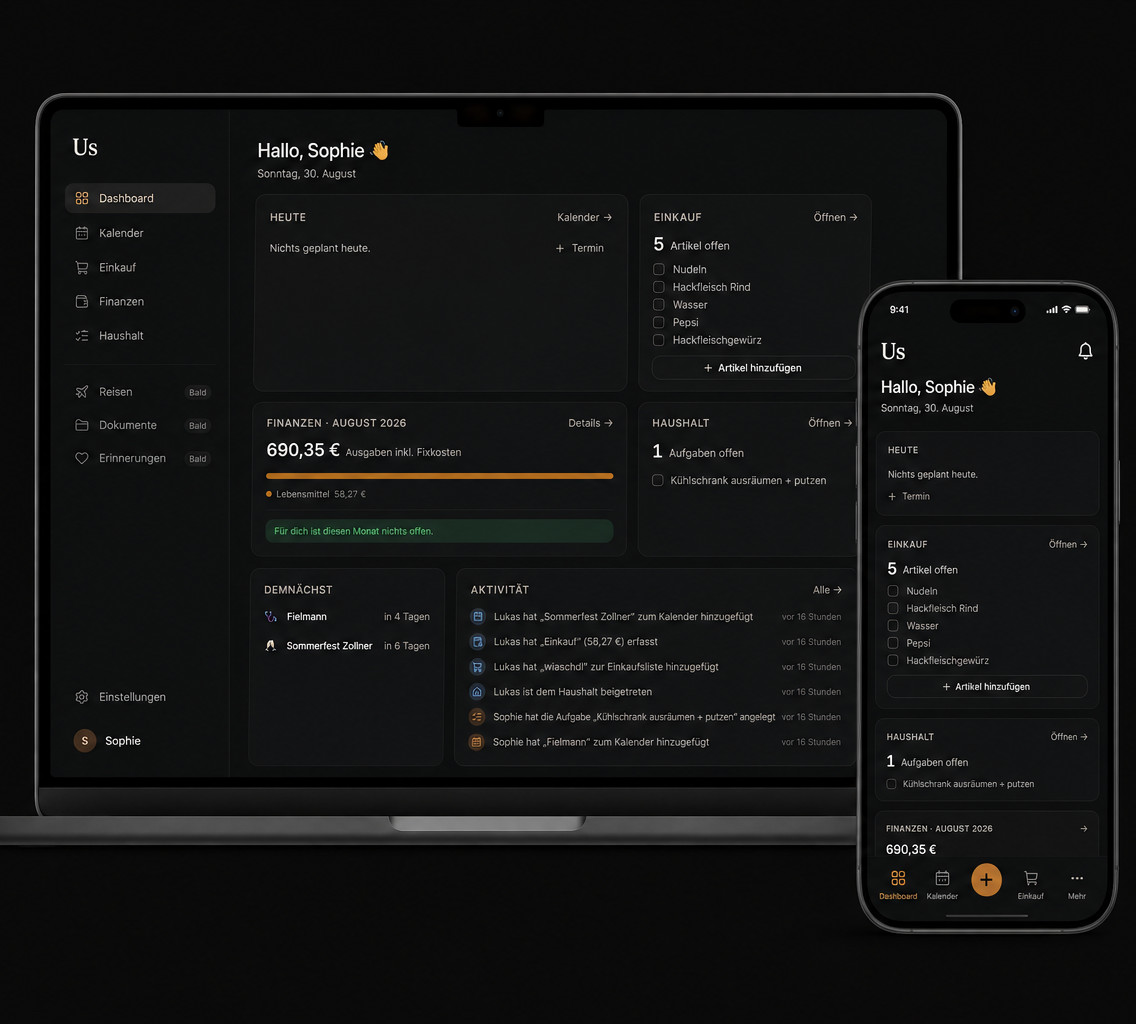Us – gemeinsames Zuhause-Dashboard auf Laptop und Smartphone mit Einkauf, Kalender und Haushalt